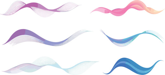 Abstract wave vector set with colorful gradients, flowing line art, fluid motion shapes for modern design, branding, tech backgrounds, and digital decor
