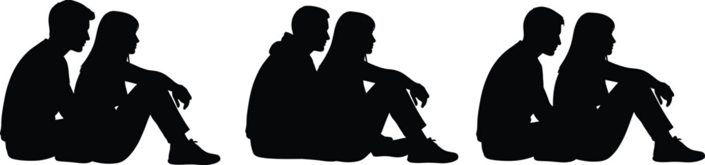 Back-to-back silhouette set, black-and-white illustrations of seated figures in reflective poses for emotion, relationship, and design themes