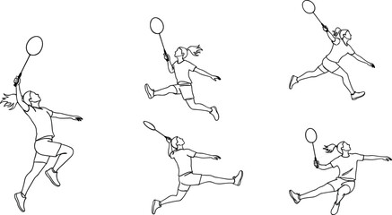 Badminton player silhouette set, black-and-white illustrations of dynamic athletic poses for sport, motion, and character design themes