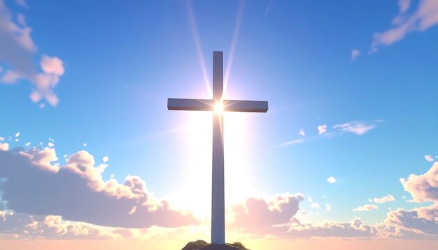 A towering cross silhouette against a bright sunburst and soft clouds in a vibrant blue sky, symbolizing faith and hope