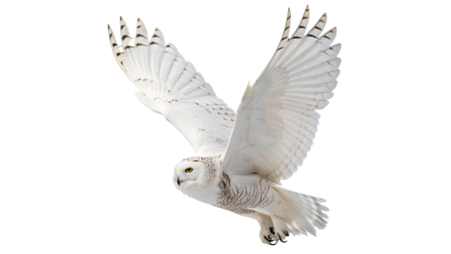 Snowy owl takes flight over a snowy landscape, showcasing its magnificent wings and pristine feathers under overcast skies of the snow below in a serene winter scene. On a transparent background