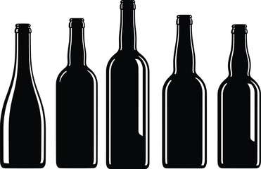 Bottle silhouette set, black-and-white illustrations of varied beverage containers for packaging, branding, and product design themes