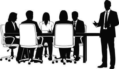 Business meeting silhouette set, black-and-white illustrations of office teamwork and presentation for corporate, communication, and character design themes