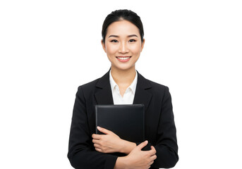 Smiling asian businesswoman holding a folder isolated on transparent background
