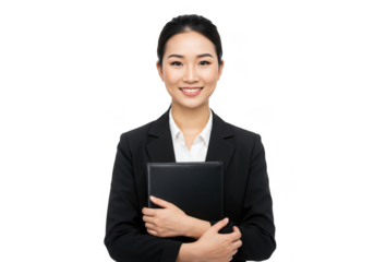 Smiling asian businesswoman holding a folder isolated on transparent background