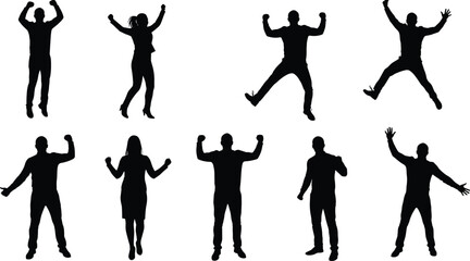 Celebration silhouette vector set, black expressive human poses with raised arms and energetic stances for emotion design, lifestyle art, and movement illustration