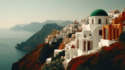 Fototapeta premium White Greek architecture on Santorini cliffside with blue domes under bright sunlight
