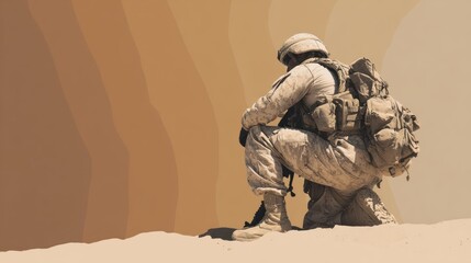 Soldier kneeling in desert