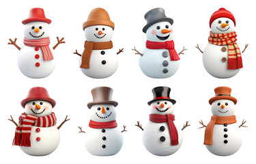 PNG Cheerful snowmen in festive attire, element set on transparent background