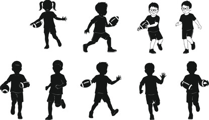 Children playing football silhouette vector set, dynamic action poses with ball for sports design, youth activity, outdoor fun, and athletic illustration