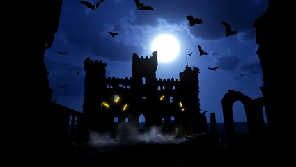 Spooky castle ruins silhouette with bats flying under full moon night