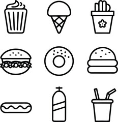 Nine black line art icons of fast food and drinks vector