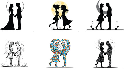 Couple holding hands vector set, romantic silhouettes and artistic styles with moon, wings, and heart motifs for love design and relationship illustration