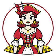 Pirate woman with treasure gold coins red dress