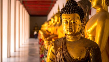 Golden Buddha statues in a temple hall
