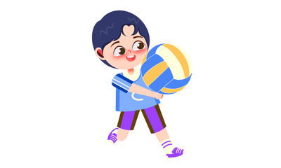 A happy boy carries a volleyball.