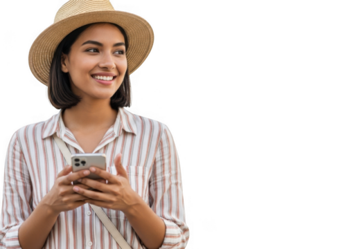 Smiling woman wearing a straw hat holding a smartphone isolated on transparent background