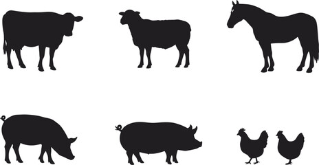 Farm animal silhouette vector set, black livestock icons including cow, pig, horse, sheep, and chickens for agriculture design, rural art, and educational use