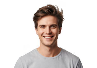 Smiling young man with messy brown hair isolated on transparent background