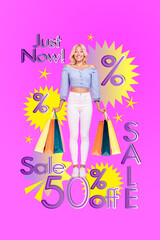 Sketch template 3D photo collage composite of young woman good mood stand hold bag seller shopper black friday order promotion low price
