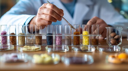 Hands of a food scientist mixing experimental food samples in test tubes and petri dishes highlighting the scientific approach to food formulation and preservation.