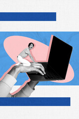 Vertical image art pop trend collage of human hand type laptop keypad laptop programming software freelancer girl sit arms