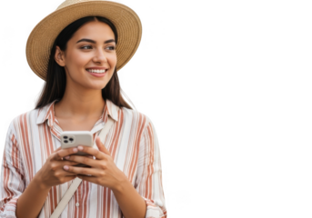 Young woman wearing a straw hat holding a smartphone isolated on transparent background