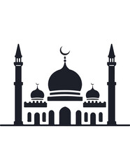 A detailed black silhouette of a grand mosque with domes, minarets, and crescent moons. Islamic architecture vector icon.