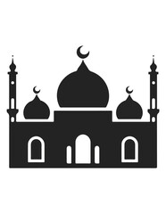 A black silhouette of a mosque with a large central dome, two smaller domes, minarets, and arched doorways.