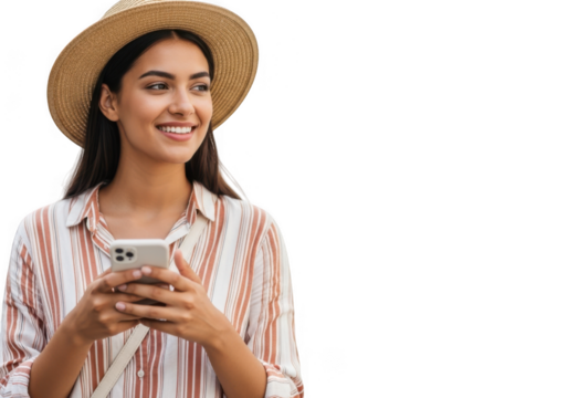 Young woman wearing a straw hat holding a smartphone isolated on transparent background