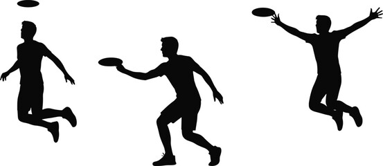 Frisbee action silhouette set, black-and-white illustrations of dynamic athletic poses for sport, movement, and outdoor lifestyle design themes