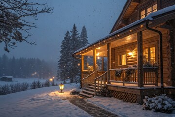 Snow falling at night a wooden house with lanterns on the porch illuminating the surrounding winter landscape