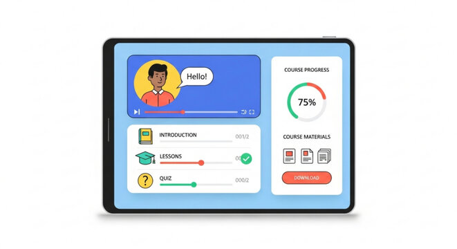 Online course platform interface on tablet with video lessons quizzes and progress tracking for education