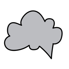 A gray, cartoonish speech bubble with a thick black outline floats against a white background, conveying a simple, graphic, and neutral mood.