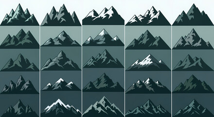 Fototapeta premium A comprehensive collection of diverse pixel art mountain illustrations, featuring sharp peaks, snowy summits, and stylized landscapes, ideal for retro video games, digital backgrounds