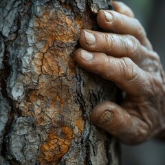 weathered hand touching rough tree bark closeup texture deep wrinkles evoke resilience care for nature warm light concept of forestry wellness sustainability