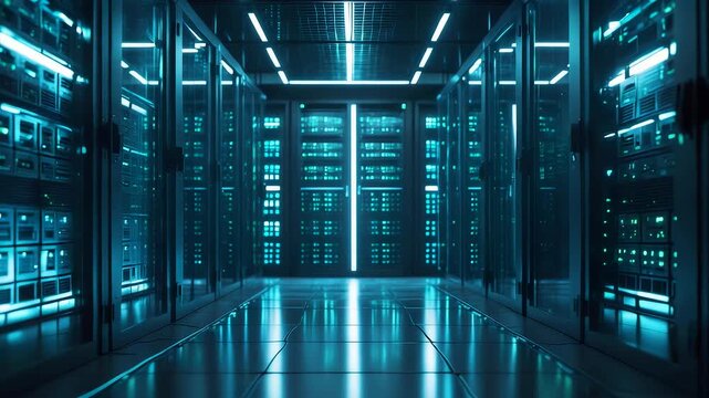 Server Room Data Center Blue Lights Racks Technology Network Storage Facility