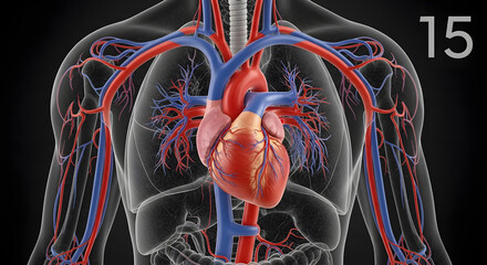 Anatomical illustration of the human circulatory system, highlighting the heart and blood vessels