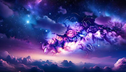 Space Scene With Purple And Blue Clouds And Stars The Stars Are Scattered Throughout The Sky And The Clouds Are In Various Sizes And Shapes