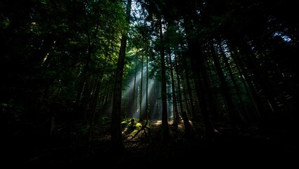 Sunlight streaming through a dense forest of tall trees beauty in nature