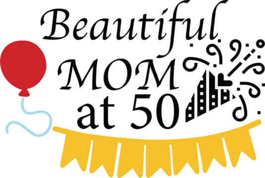 Celebratory graphic: "Beautiful MOM at 50" text, red balloon, yellow banner, confetti, black accents, bright, cheerful, flat vector illustration, close-up.
