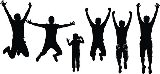 Jumping silhouette set, black-and-white illustrations of joyful figures in celebratory poses for lifestyle, emotion, and character design themes