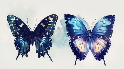 two blue butterflies watercolor style wings delicate patterns light background calm dreamy airy copyspace concept of education nature conservation