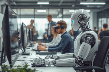 AI robot using computer work with human team in teamwork productivity assistant coding agent in office background