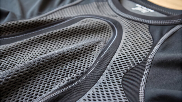 Breathable fabric mesh panel athletic gear moisture wicking compression shirt black closeup texture sport