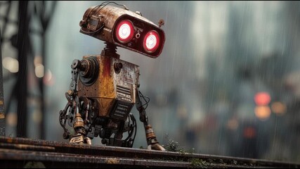 Rusty robot with glowing red eyes stands in the rain on a metal structure in a dystopian city, footage. - Powered by Adobe
