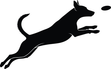Leaping dog silhouette with ball, black-and-white illustration of playful motion for pet training, agility, recreation, and character design themes