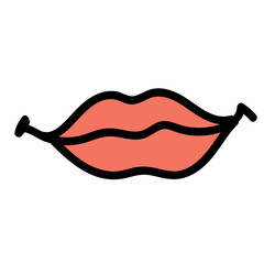 Isolated, stylized coral lips with a thick black outline, slightly downturned, cartoonish, against a stark white background, creating a minimalist, whimsical mood.