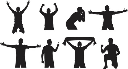 Black silhouette football fans cheering, celebrating, shouting, and raising hands with scarf, vector illustration for sports, victory, team spirit, celebration themes.