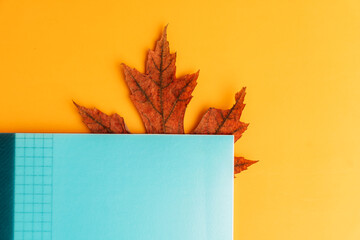 Turquoise notebook with maple leaf on orange background. High quality photo